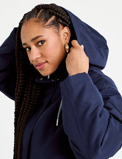 Parka courte &agrave; capuche manches longues bleu marine femme