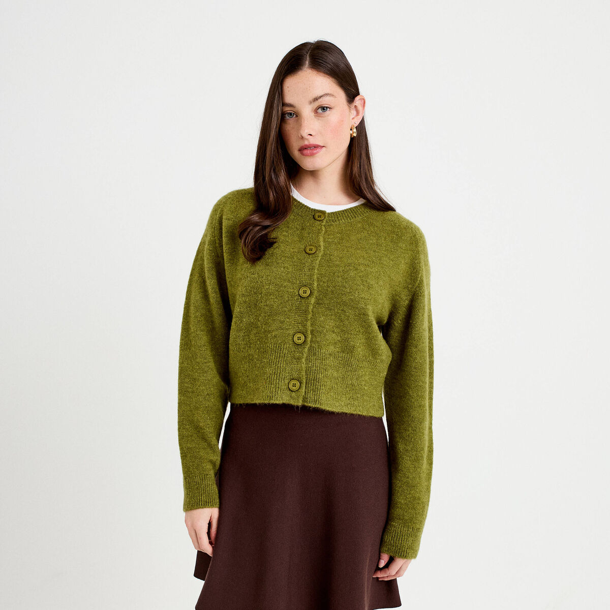 Gilet col rond vert fonc&eacute; femme
