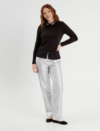 Pull col chemise bijoux noir femme
