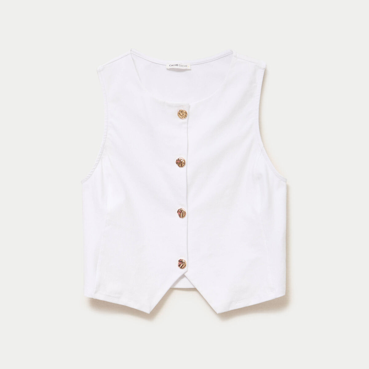 Gilet jean cintr&eacute; cropped sans manches blanc femme