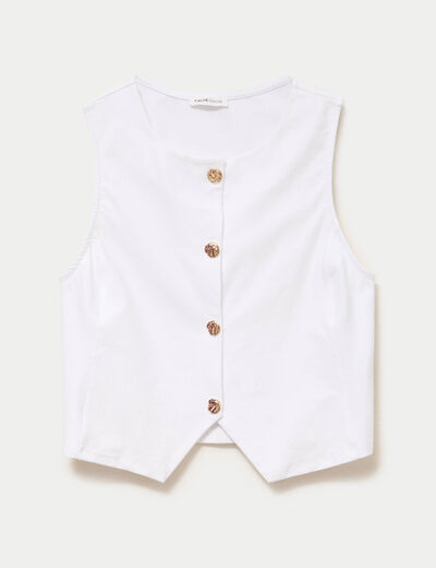 Gilet jean cintr&eacute; cropped sans manches blanc femme