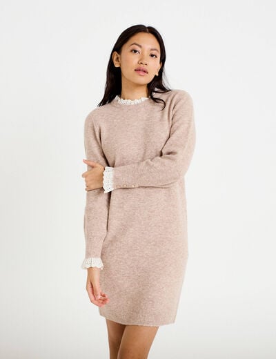 Robe pull ajust&eacute;e col rond dentelle taupe femme