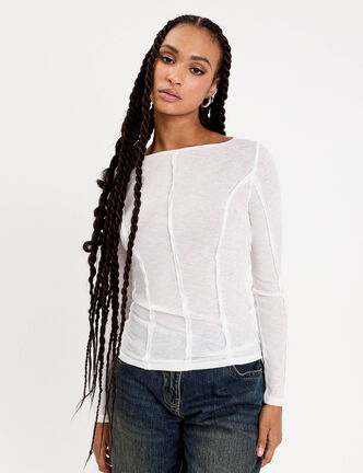 T-shirt cintr&eacute; col rond manches longues blanc femme