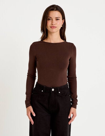 Body cintr&eacute; manches longues bateau marron fonc&eacute; femme