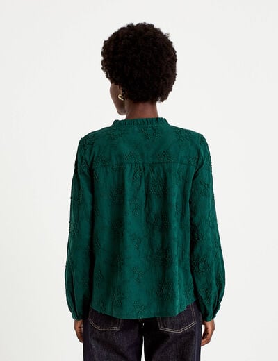 Blouse droite col rond manches longues vert fonc&eacute; femme