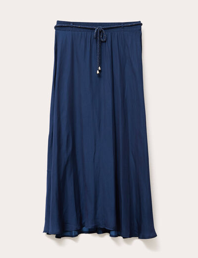 Jupe longue évasée satin bleu marine femme