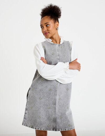Robe courte droite en jean sans manches denim gris femme