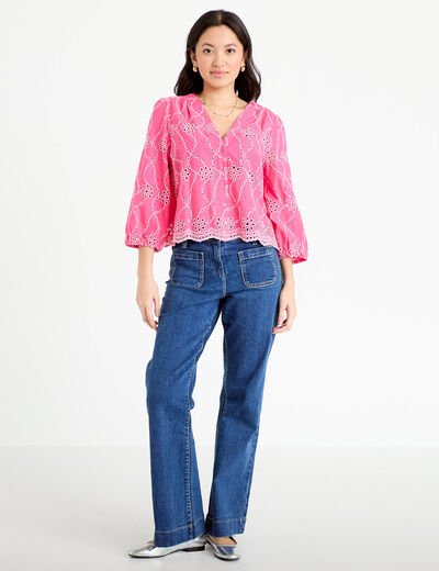 Blouse broderie anglaise rose fushia femme