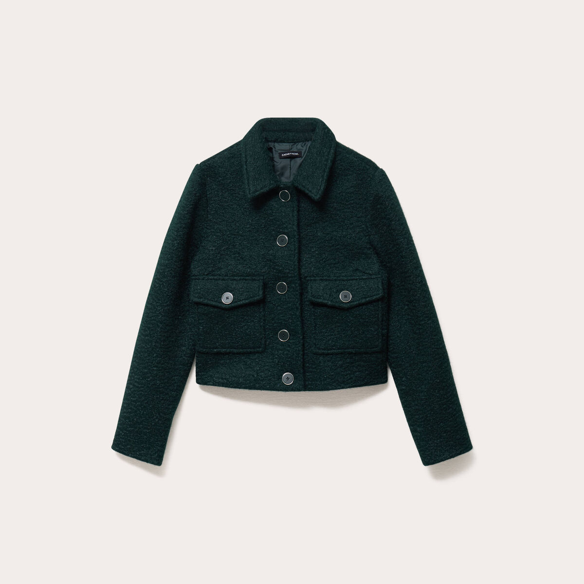 Veste bouclette boutonn&eacute;e vert fonc&eacute; femme