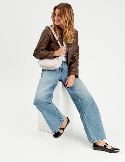 Veste simili cuir zippée marron foncé femme