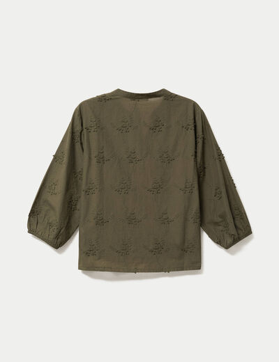 Blouse brod&eacute;e col mao manches 3/4 vert kaki femme