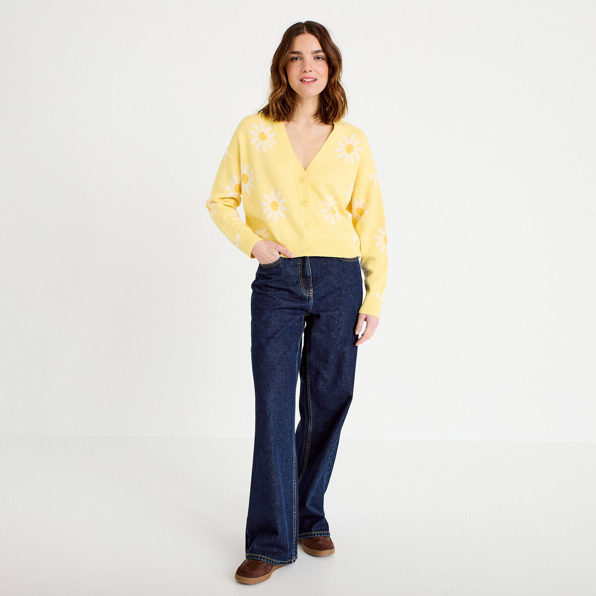 Gilet col v motif fleur jaune clair femme