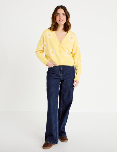 Gilet col v motif fleur jaune clair femme