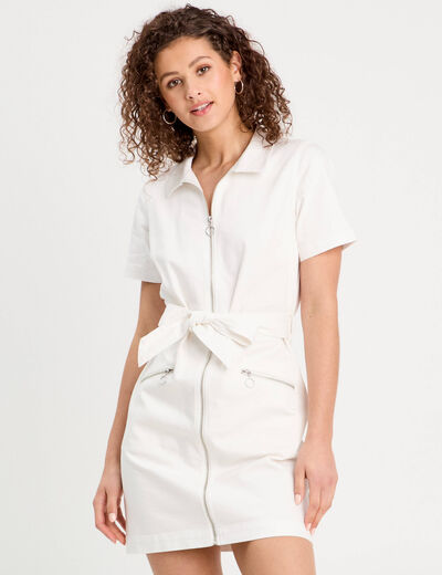 Robe droite zippée ceinturée ecru femme