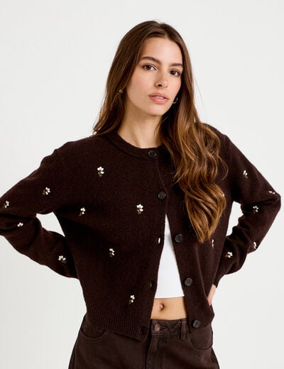 Gilet manches longues broderies col rond marron fonc&eacute; femme