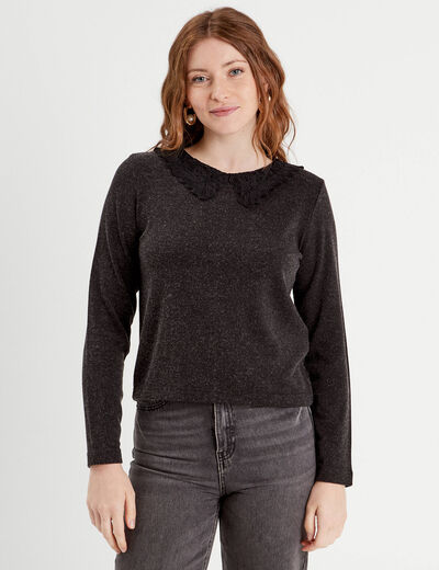 T-shirt col claudine macramé gris foncé femme