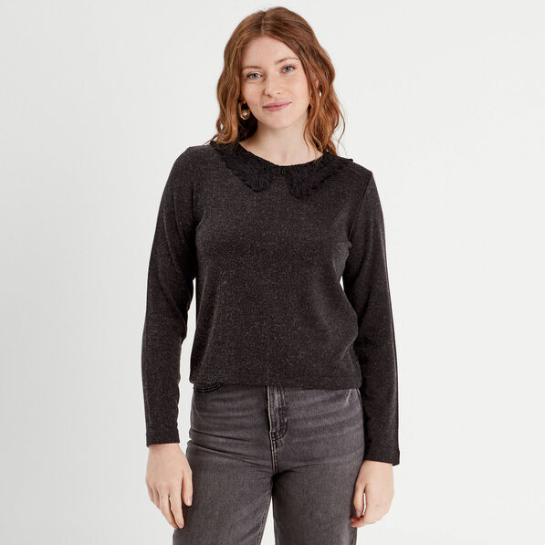 t shirt col claudine macrame gris fonce femme T-shirt col claudine macramé gris foncé femme