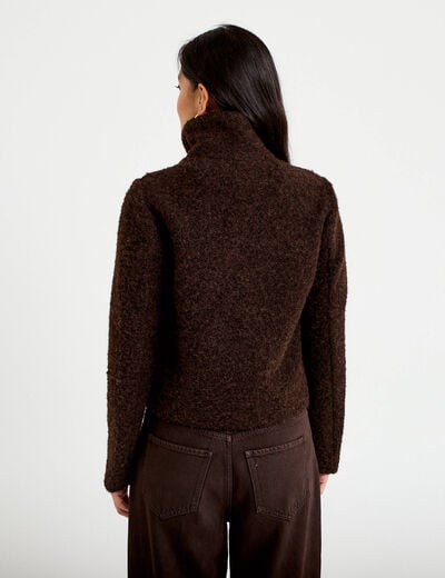 Veste droite bouclette col montant marron fonc&eacute; femme