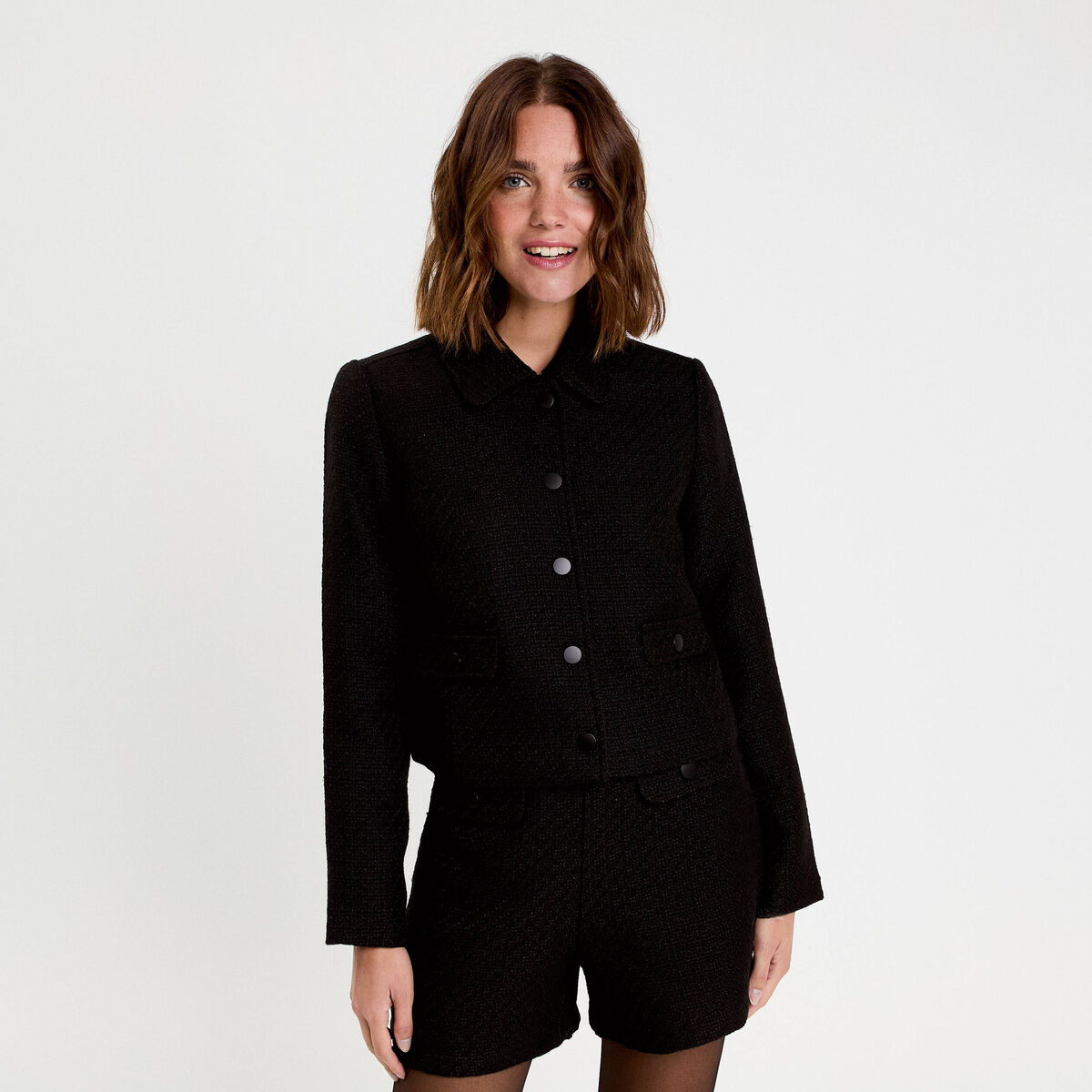 Veste droite cropped en tweed noir femme