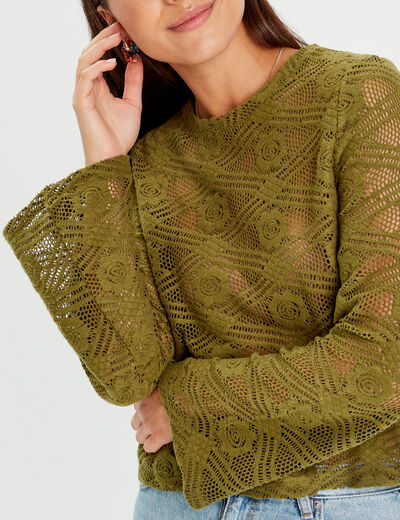 T-shirt ajouré manches pagodes vert olive femme
