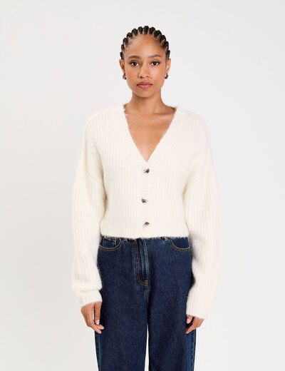 Gilet col v manches longues ecru femme