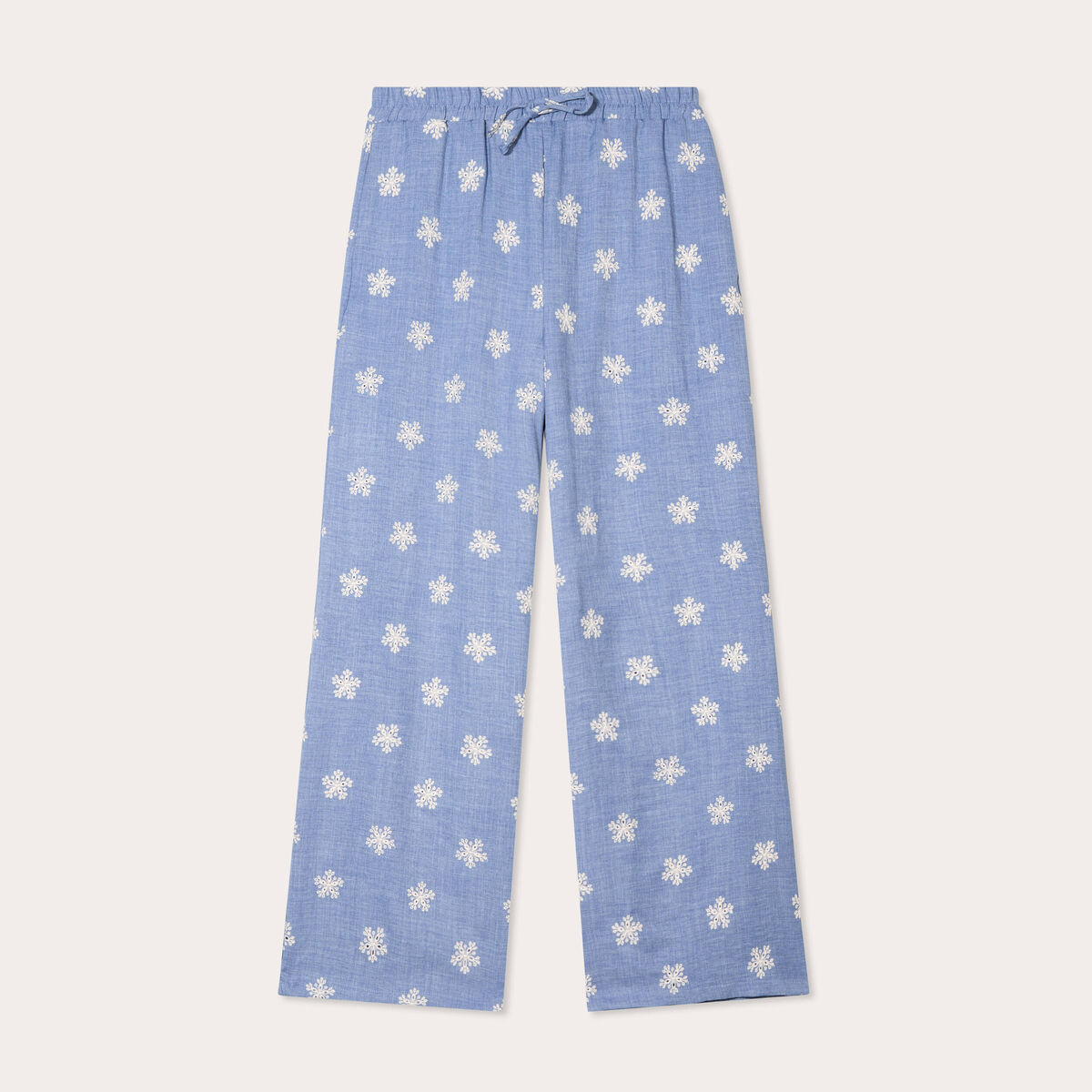 Pantalon large brodé bleu femme