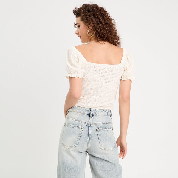 blouse ajouree manches courtes ecru femme Blouse ajourée manches courtes ecru femme