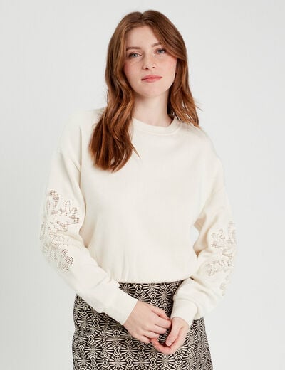 Sweat détails broderie ecru femme