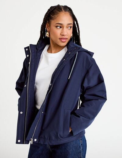 Parka courte &agrave; capuche manches longues bleu marine femme