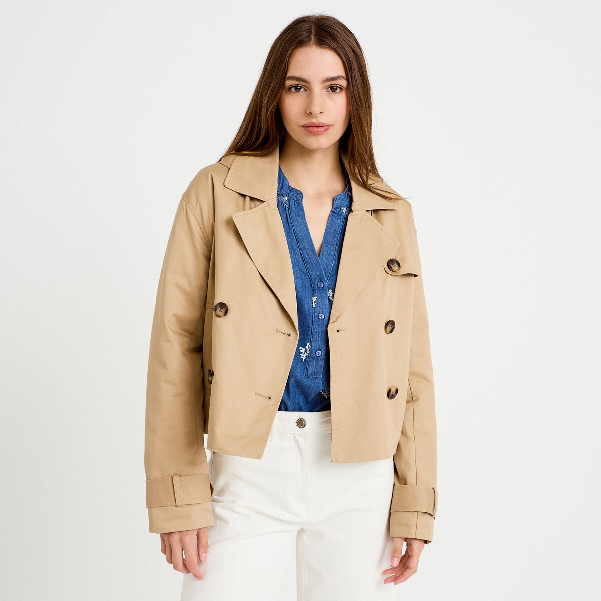 Trench droit court &agrave; capuche amovible beige femme
