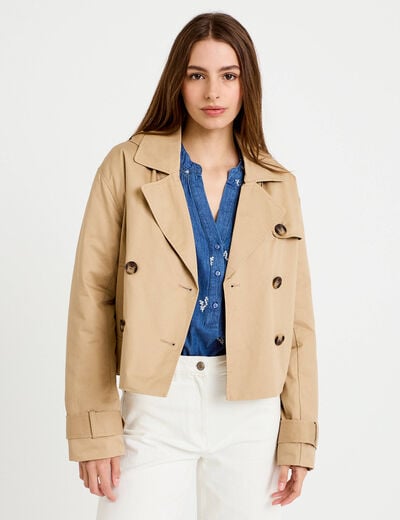 Trench droit court &agrave; capuche amovible beige femme