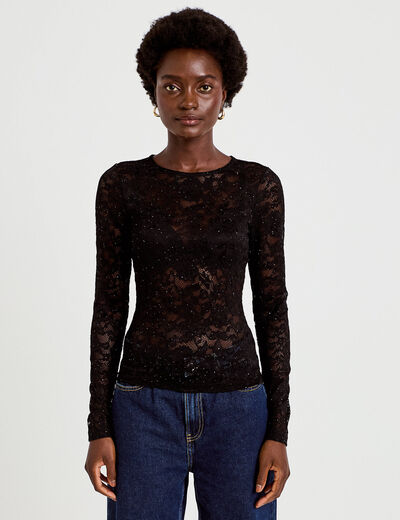 Top ajust&eacute; manches longues dentelle noir femme