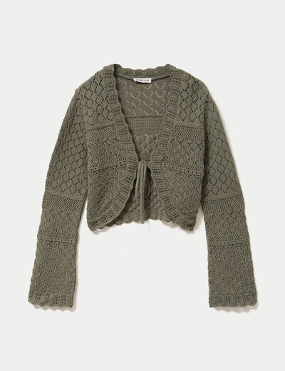 Gilet ajust&eacute; ajour&eacute; manches longues vert kaki femme