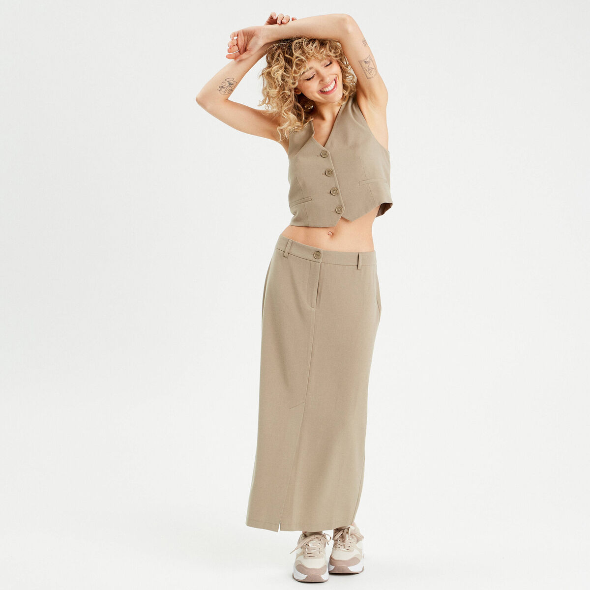Jupe longue droite fendue vert kaki femme