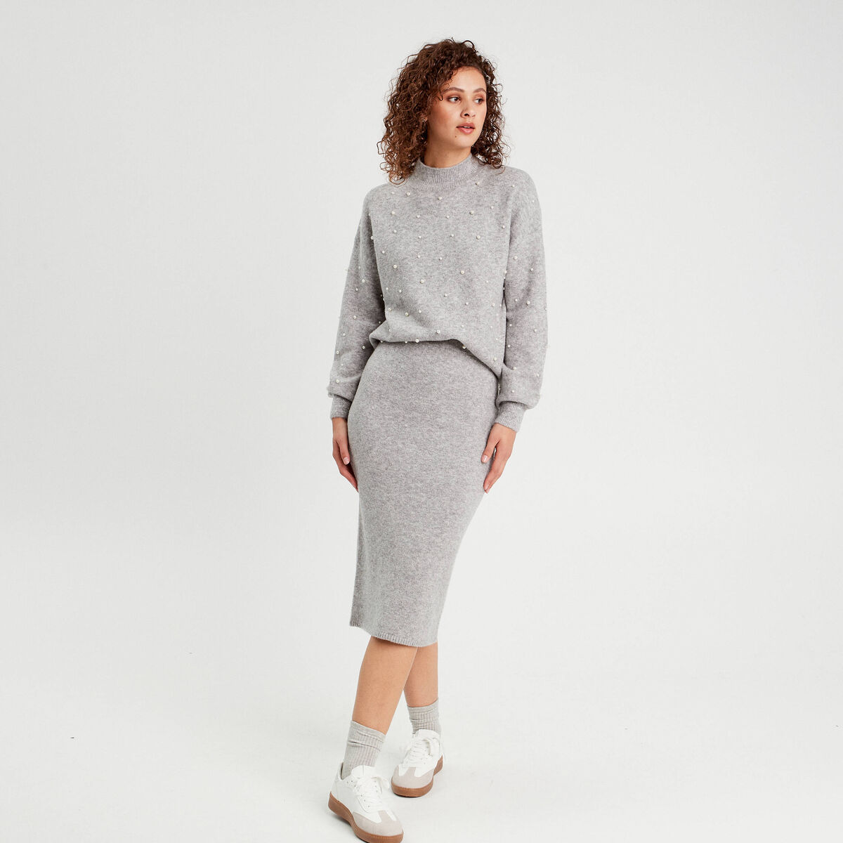 Jupe tricot midi droite gris clair femme