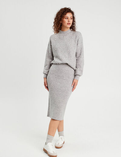Jupe tricot midi droite gris clair femme
