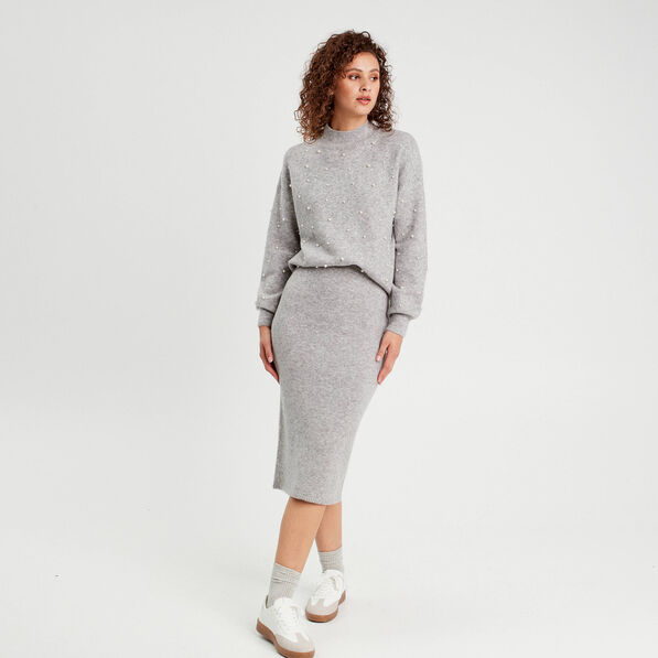 jupe tricot midi droite gris clair femme Jupe tricot midi droite gris clair femme