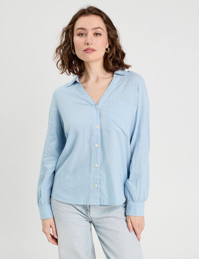 Chemise manches longues contenant du lin bleu pastel femme