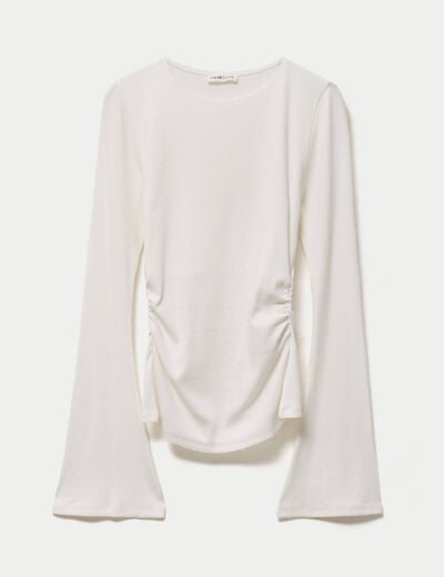 T-shirt ajust&eacute; col rond manches longues ecru femme