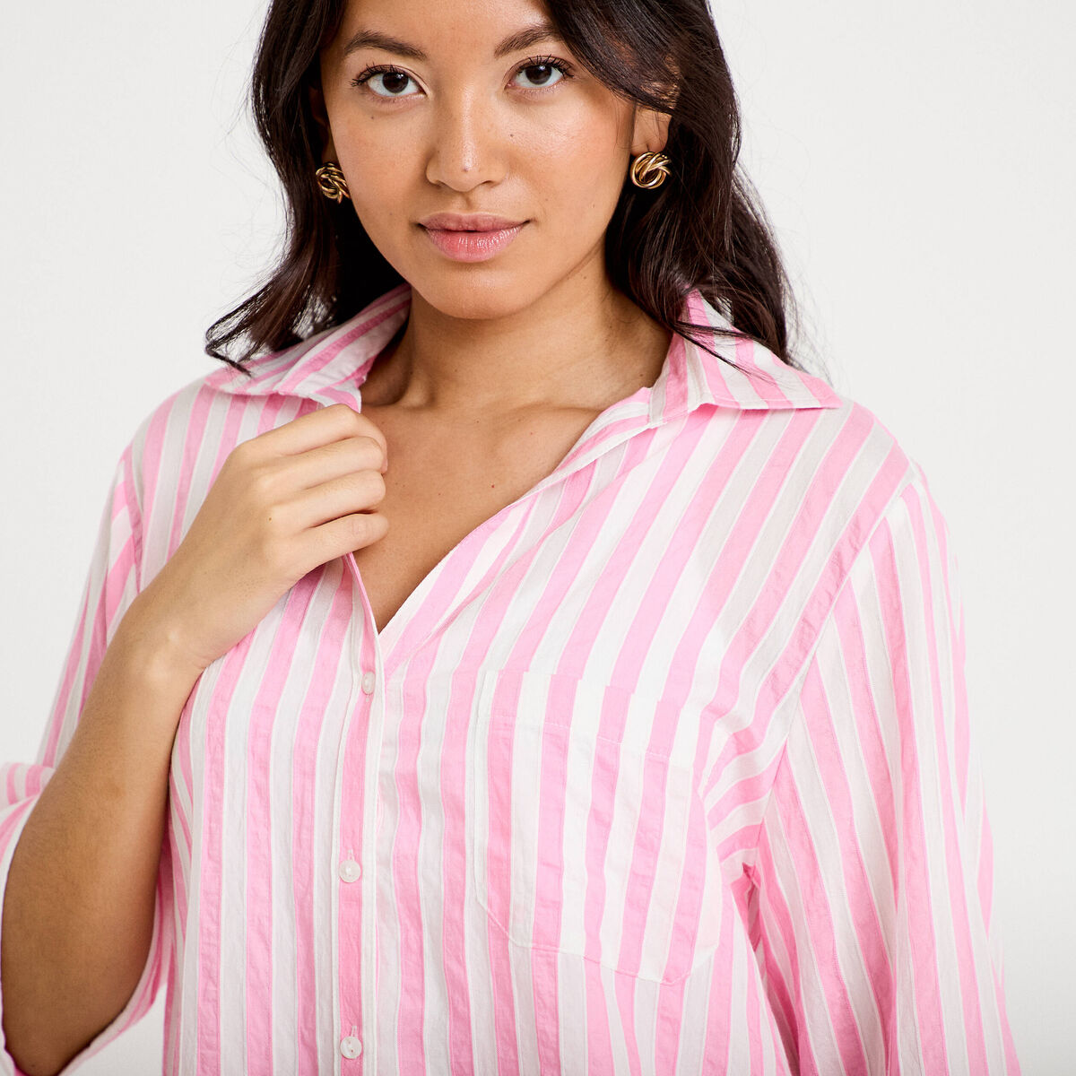 Blouse ample col tunisien manches 3/4 rose femme