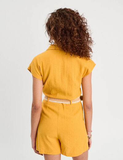 Combishort ceinturée contenant du lin jaune citron femme