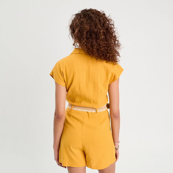 Combishort ceinturée contenant du lin jaune citron femme