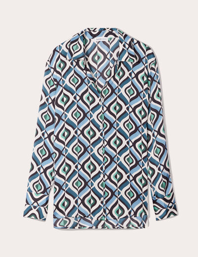 Chemise satin manches longues bleu femme