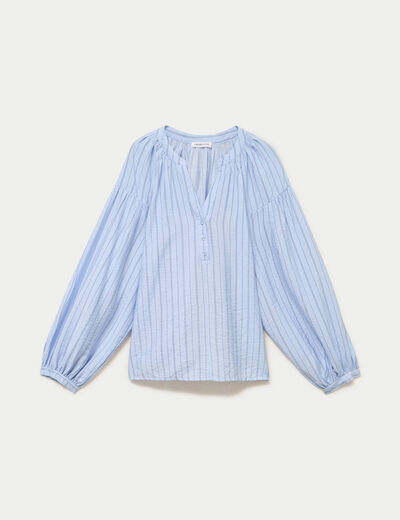 Blouse ample col v manches longues bleu femme