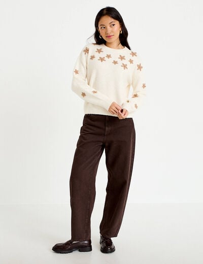 Pull oversize brod&eacute; manches longues ecru femme