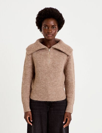 Pull col camionneur manches longues beige femme
