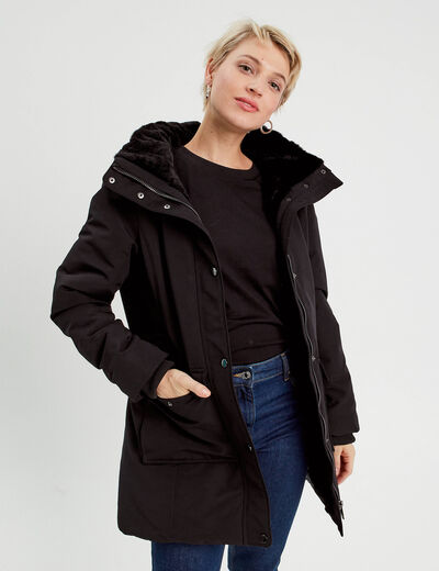 Parka longue à capuche noir femme