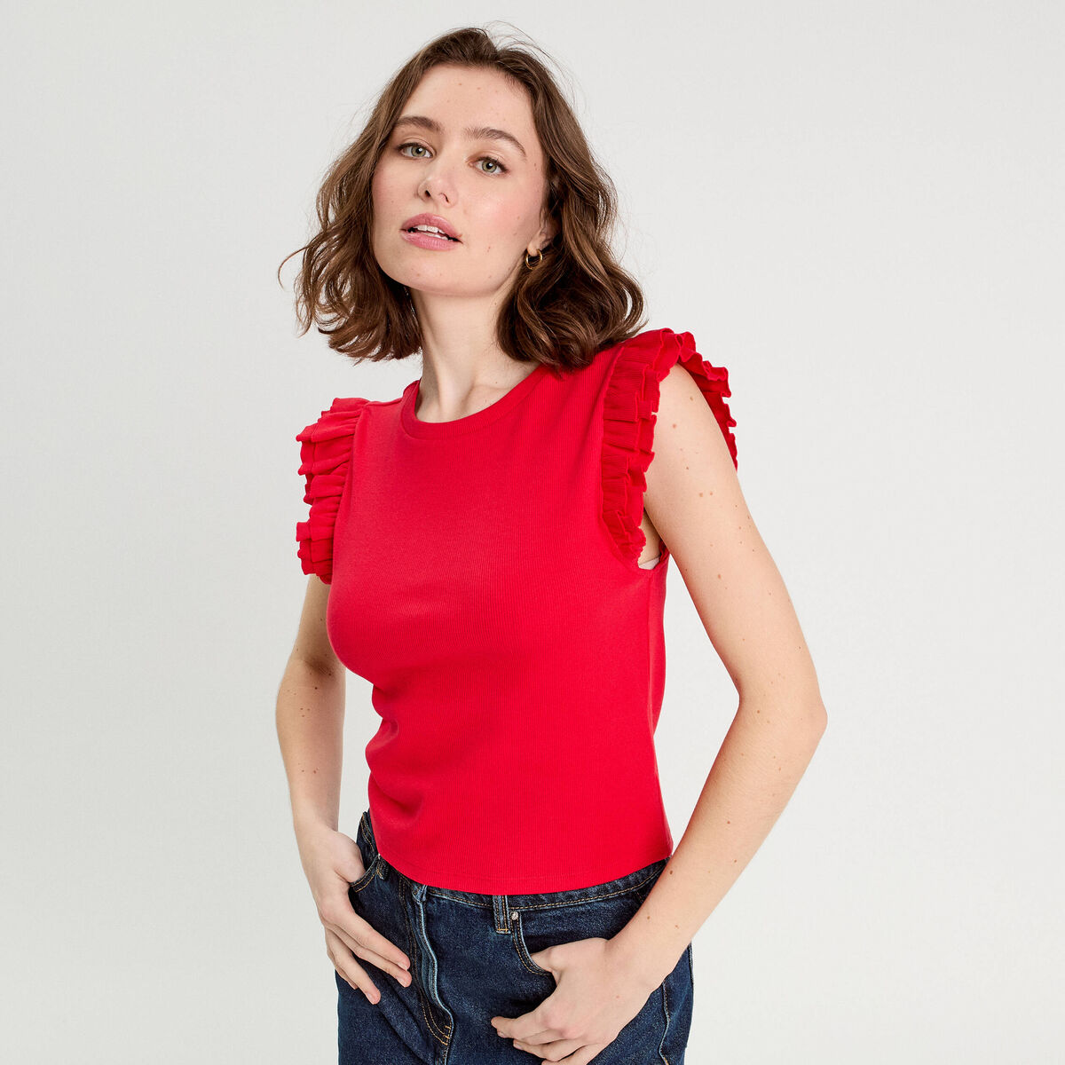 Débardeur avec volants rouge femme
