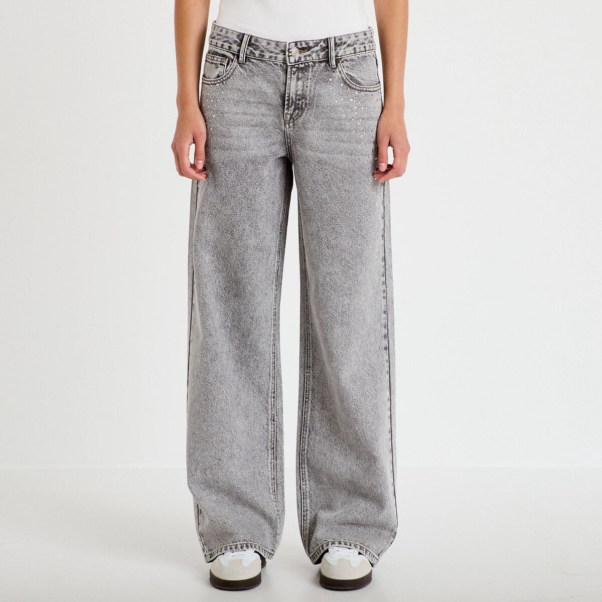 Jean wide leg taille basse strass denim gris femme