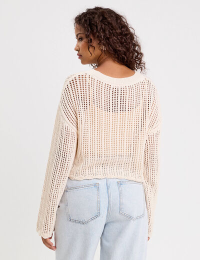 Pull ajouré col rond manches longues ecru femme